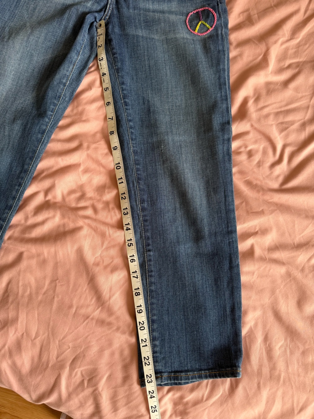 Ag Adriano Goldschmied Medium Blue Skinny Jeans with Multicolor Peace Embroidery - Picture 7 of 9